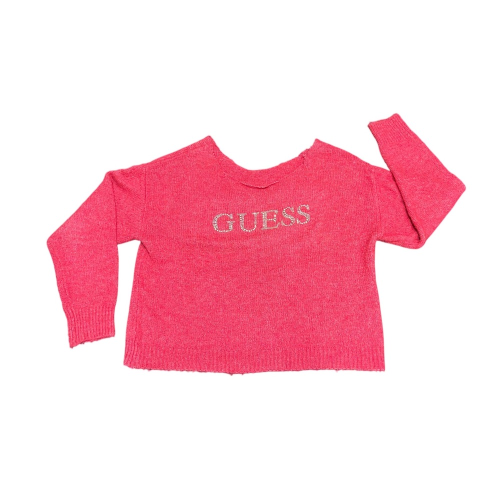 Guess Women Pink Rhinestone Logo Knit Sweater Large Fuchsia Y2K (1079)